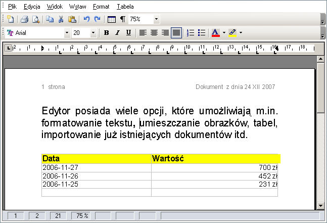 Po wybraniu załącznika Tekst, w środkowym oknie pojawi się edytor tekstu (rys. 46). Edytor zawiera wszystkie typowe funkcje programu typu Writer (z pakietu Open Office) czy MS Word.