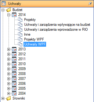 3.5. Wieloletnia prognoza finansowa (WPF) Praca z Wieloletnią Prognozą Finansową jest możliwa począwszy od roku budżetowego 2011 po rozwinięciu gałęzi Budżet, a następnie rozwinięciu roku budżetowego