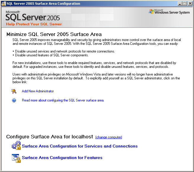 Rysunek 34 Surface Area Configuration Microsoft SQL Server 2005 jest pierwszą wersją, w której pojawiła się również możliwość integracji z Common Language Runtime (CLR).