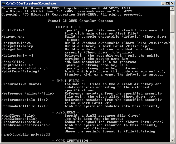 wskazujemy pliki C# lub inne (tzw. resources) do utworzenia pliku wykonywalnego lub biblioteki. Kompilator wspiera szereg różnych platform: x86, Itanium oraz x64.