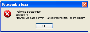 Najczęściej zadawane pytania Rysunek 120 Komunikat testu bazy podczas ładowania pakietu zestawień Rozwiązanie: Nastąpił problem z połączeniem z SQL Serwerem.