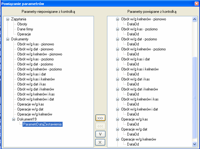 Dokumenty/raporty GenRap Rysunek 35 Menu kontekstowe kontrolki funkcja zwiąż z parametrem Na ekranie Powiązanie parametrów należy wybrać z lewego drzewa ( Parametry niepowiązane z kontrolką ) z