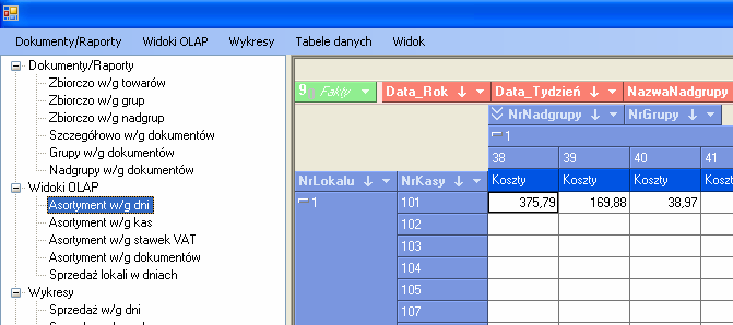 Widoki OLAP Rysunek 56 Funkcja Zamień X < > Y w menu kontekstowym widoku OLAP Rysunek 57 Wygląd tabeli po użyciu funkcji Zamień X < >Y Porządkowanie danych o Zmiana kolejności wymiarów Zmianę