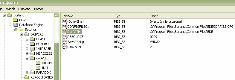 2.Bde i klient Oracle kilka problemów 2.1.Borland Database Engine Błąd tak naprawdę związany z brakiem pliku sqlora8.dll w scieŝce z której korzysta BDE.