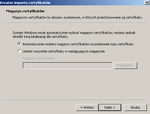 Można również wybrać samodzielnie magazyn, do którego zostanie przypisany importowany certyfikat.