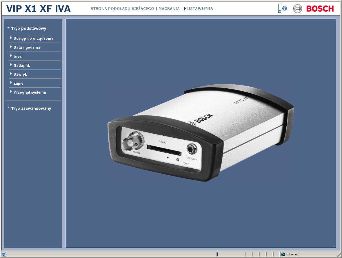 VIP X1 XF Konfiguracja za pomocą przeglądarki internetowej pl 25 Rozpoczynanie konfiguracji Kliknąć łącze USTAWIENIA w górnej części okna. Przeglądarka wyświetli nową stronę z menu konfiguracji.