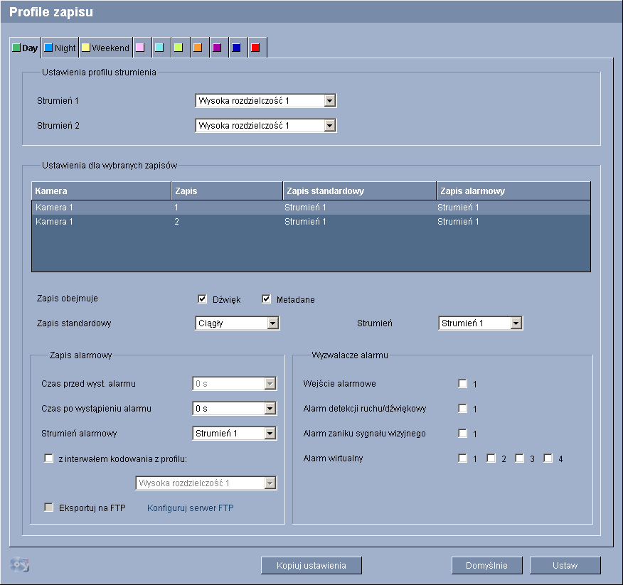 54 pl Konfiguracja za pomocą przeglądarki internetowej VIP X1 XF 5.23 Tryb zaawansowany: Profile zapisu Istnieje możliwość zdefiniowania maksymalnie dziesięciu różnych profili zapisu.