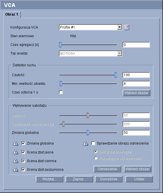 VIP X1 XF Konfiguracja za pomocą przeglądarki internetowej pl 63 5.29 Tryb zaawansowany: profile VCA Użytkownik może skonfigurować dwa profile z różnymi konfiguracjami funkcji VCA.