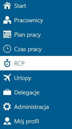 Rys. Menu główne RCP Wybierając z menu głównego RCP zostanie wyświetlony kalendarz w układzie miesięcznym dla zalogowanego użytkownika (analogicznie jak na Planie pracy i Czasie pracy).