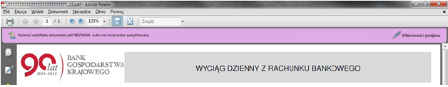 Okno z zatwierdzonym podpisem. Instalacja certyfikatu Centrum Komputerowego ZETO w aplikacji Adobe Reader 8.