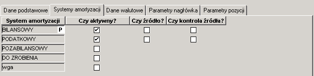 Na zakładce systemów amortyzacji zaznacza się jeden lub więcej systemów, których będzie dotyczył typ dokumentu.