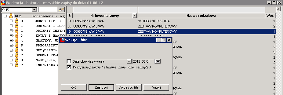 - osoba odpowiedzialna (w tym przegląd historii przydziału) - miejsce użytkowania / komórka kosztowa (w tym przegląd historii przydziału) - mała lista operacji - plan amortyzacji - konto księgowe