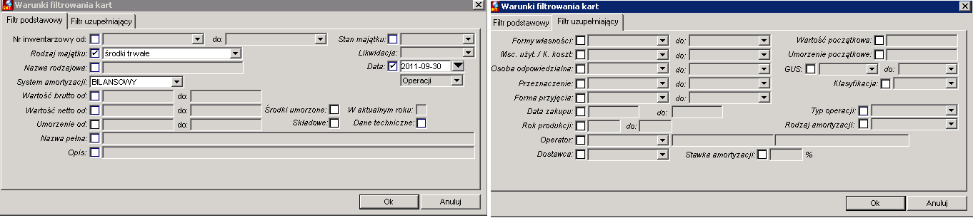 Warto pamiętać o ustawianiu daty operacji (jak na rysunku wyżej) aby uzyskać raport wg stanu na dzień, zwłaszcza przy uzgadnianiu stanu majątku z tabelą amortyzacyjną cz.i. Istotne jest także znaczenie filtru Stan majątku odnosi się on do aktualnego a nie na dzień stanu, więc drukując raporty na poprzednie okresy nie należy go używać.