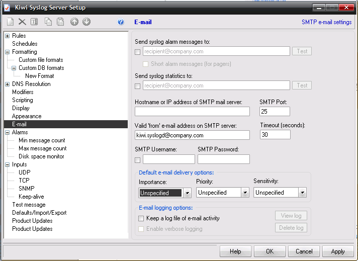 Wybór modyfikatorów jest możliwy w oknie File Setup Modifiers 5.3. Konfiguracja e-mail Kiwi posiada możliwość wysyłania logów na skrzynki pocztowe z wykorzystaniem protokołu SMTP.