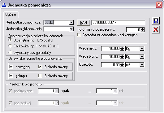 Jednostka podstawowa - jednostka, w której prowadzona jest ewidencja ilościowa towaru. Można ją wybrać z listy (słownika) jednostek miar, określonych w konfiguracji.