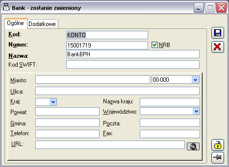 [Import banków] - umożliwia import banków ze wskazanego pliku. Bank Okno: Bank, służy zdefiniowaniu lub zmianie danych banku, który zostanie dodany do listy w oknie: Banki.