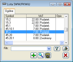 [Nowy] dodaje nowy kurs waluty. [Zmień] umożliwia zmianę kursu. Kursy W oknie następuje definiowanie kursu dla danej waluty.