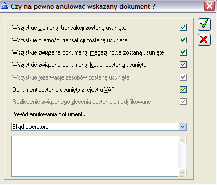 Rys. 2.170 Anulowanie dokumentu. Rzeczywistą opcją jest jedynie pozostawienie dokumentów magazynowych. Pozostawione dokumenty stają się niezwiązanymi i mogą być źródłem innego dokumentu handlowego.