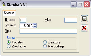 Parametry: Rys. 2.11 Stawka VAT. Alias: dodatkowy, definiowany przez Użytkownika kod stawki, wyświetlany razem z podstawowym kodem literowym.