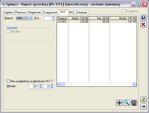 RS, zakładka: VAT Dokument RS będzie umieszczany w rejestrze VAT sprzedaży.
