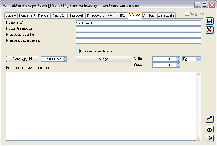 Rys. 2.234 Faktura eksportowa, zakładka: Wywóz. 2.15.2 Wydanie Zewnętrzne Eksportowe (WZE) Pod względem funkcjonalnym Wydanie Zewnętrzne Eksportowe jest bardzo podobne do faktury eksportowej.