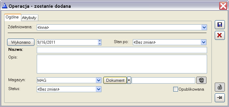 Okno Operacji podzielone jest na dwie zakładki: Ogóle i Atrybuty. Na zakładce Atrybuty możliwe jest określenie atrybutów dla operacji realizacji. Rys. 2.