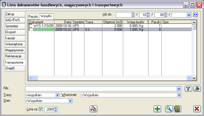 2.20.6 Lista wysyłek Na liście wysyłek wyświetlane są: numer wysyłki, akronim spedytora, data utworzenia, waga i objętość towarów, ilość paczek w wysyłce.