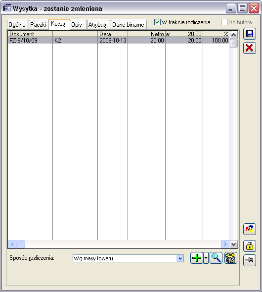 Wysyłka, zakładka: Koszty Zakładka Koszty zawiera listę dokumentów kosztowych związanych z wysyłką.