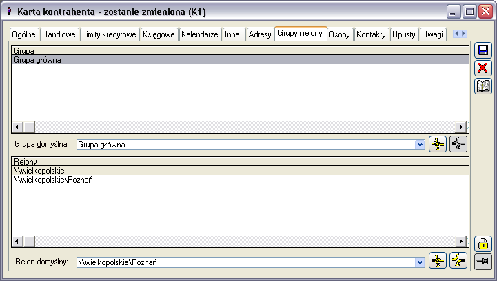 Rys. 2.30 Adres kontrahenta. Karta kontrahenta, zakładka: Grupy i rejony Rys. 2.31 Karta kontrahenta, zakładka Grupy i rejony.
