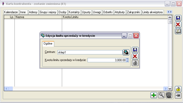 Karta kontrahenta, zakładka: Limity akwizytora Rys. 2.40 Karta kontrahenta, zakładka: Limity kredytowe.
