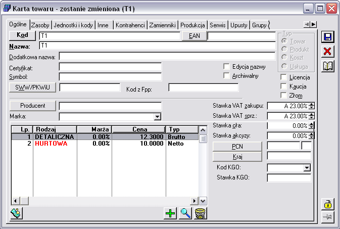 Kwota: koszt własny jest stały, wyrażony kwotą. Typ kosztu oraz pole edycji procentu/wartości są aktywne tylko dla: Usługi. Rys. 2.67 Karta towaru, zakładka: Ogólne.