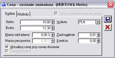 Rys. 2.70 Okno: Rodzaje cen sprzedaży. Aby zmienić cenę lub jej parametry, należy ją podświetlić i nacisnąć przycisk: opcję: Zmień, z menu rozwijanego prawym klawiszem myszy. [Zmień] lub wybrać Rys.