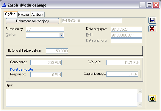 Rys. 2.77 Karta towaru, zakładka: Zasoby/W składach celnych. Na zakładce znajduje się przycisk: [Podgląd zasobu]. Służy on do otwarcia okna: Zasób składu celnego.