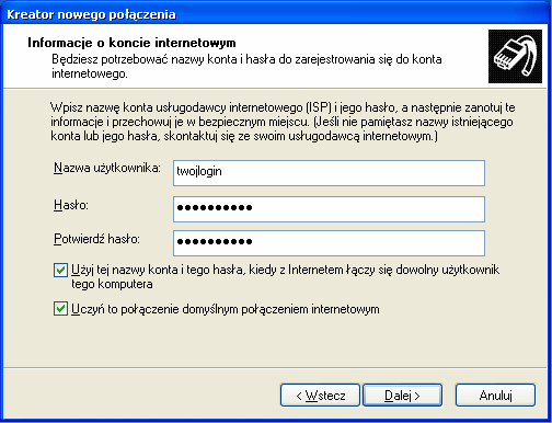 Wprowadzamy nazwę użytkownika (login) i hasło, zaznaczamy obie opcje dla zezwolenia wszystkim lokalnym użytkownikom