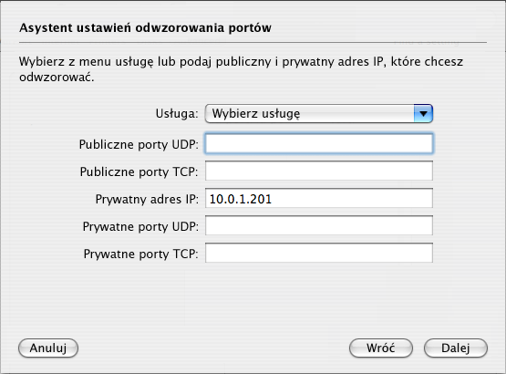 3 Kliknij w przycisk Dodaj (+) i wybierz usługę (np. serwer www ) z menu. Wpisz wszelkie dodatkowe informacje w polach tekstowych.