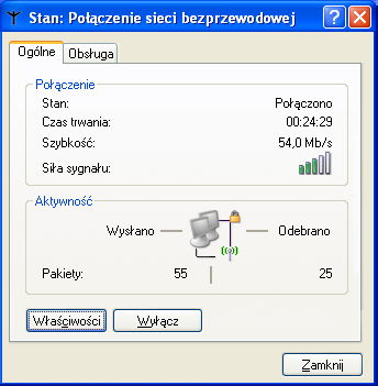 Â Kliknij prawym przyciskiem w ikonę połączenia bezprzewodowego i wybierz Status. Â Upewnij się, że komputer przyłączył się do sieci AirPort, utworzonej przez urządzenie. Â Uruchom komputer ponownie.