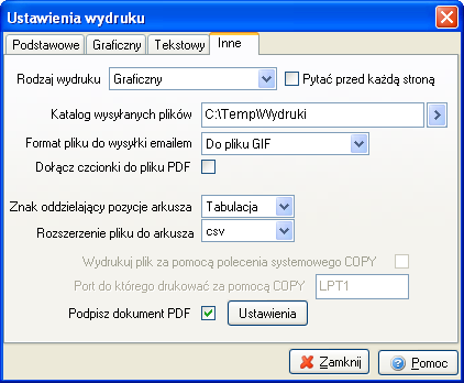 4. Inne ustawienia dotyczą określenia katalogów i nazw plików potrzebnych do wysyłania danych do innych miejsc niż drukarka, a także formatu pliku do wysyłki mailem (TXT, GIF, PDF), znaku