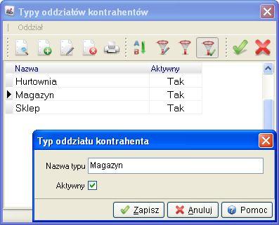 Typy oddziałów kontrahentów i tam za pomocą ikony dodawania zdefiniować potrzebne typy oddziałów: Zaznaczenie opcji Domyślny oddział dla dostawy, umożliwi automatyczne uzupełnienie oddziału na