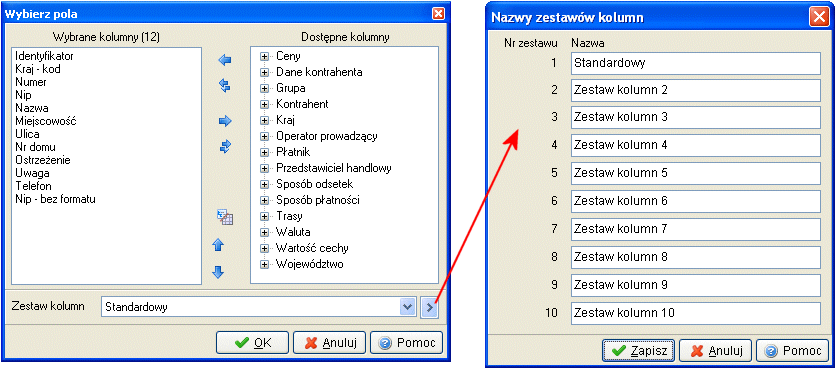 Zaznaczając Kolumny w tabeli lub Kolumny w Szczegółach wyświetli się widok: Różnica między tymi opcjami, polega na tym, że klikając na Kolumny w tabeli dołożymy wybraną kolumnę do tej części okna, w