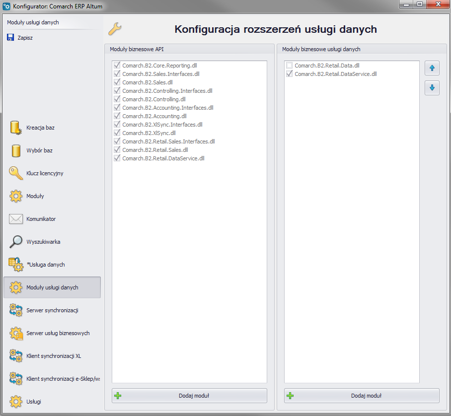 6.4.7. Konfiguracja rozszerzeń usługi danych Konfigurator umożliwia dodanie modułów biznesowych API oraz modułów biznesowych usługi danych.