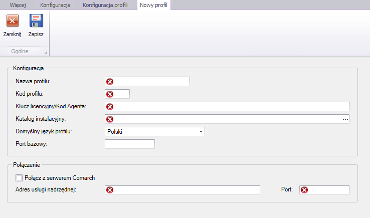 comarch ERP Business Services). 9.1. Konfiguracja profilu W celu otworzenia konfiguracji profili należy przejść na zakładkę Konfiguracja i wybrać przycisk Pofile. Rys.