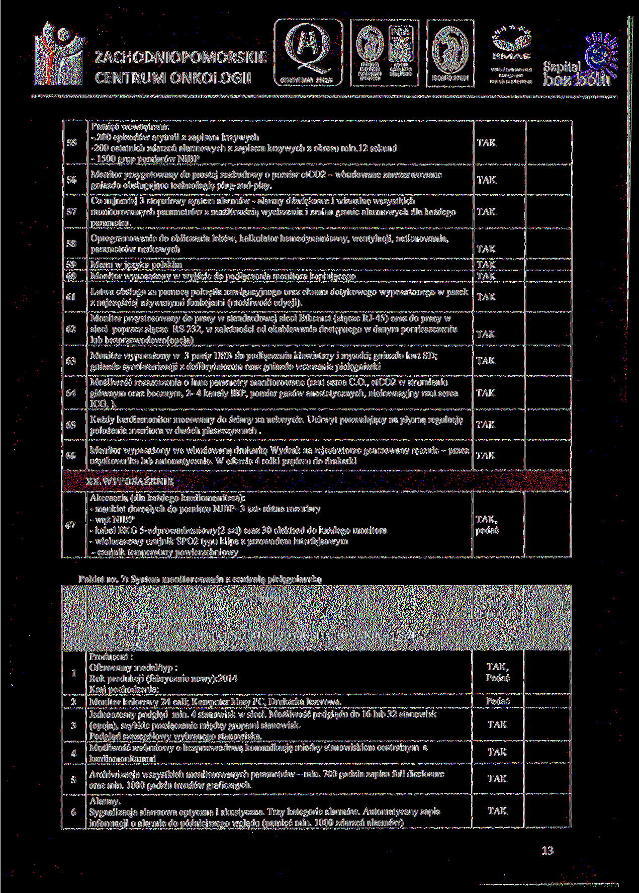 EIVtXVS BO 22000 AC014 QMS, EMS BHP, FSUS ISO/1EC 27001 55 Pamięć wewnętrzna: -.200 epizodów arytmii z zapisem krzywych -200 ostatnich zdarzeń alarmowych z zapisem krzywych z okresu min.