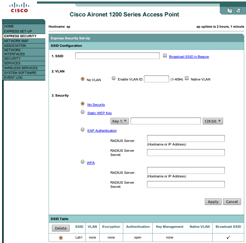 5.2. Konfiguracja punktu dostępowego Cisco Aironet 45 Rysunek 5.6. Ustawienia SSID ekran Express Security Ekran Express Security (rys. 5.6) umożliwia stworzenie nowego lub usunięcie istniejącego identyfikatora SSID.