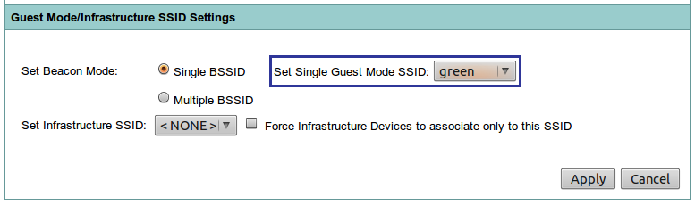 7.2. Konfiguracja VLAN na punktach dostępowych Aironet 79 Rysunek 7.4. Konfiguracja powiązania sieci VLAN i SSID Apply. Analogicznie tworzymy drugi SSID (green, skojarzony z VLAN6).