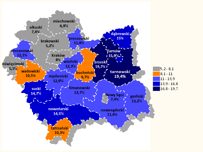 Mapa 1. Odsetek emigranckich gospodarstw domowych w województwie małopolskim Źródło: Opracowanie własne. Natężenie wyjazdów zagranicznych zazwyczaj wiąże się z sytuacją na lokalnym rynku pracy.
