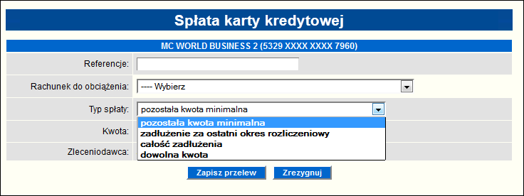 3.2 Spłata karty kredytowej Po wybraniu opcji Spłać zadłużenie przez użytkownika, który posiada nadane uprawnienia do tej funkcjonalności ukazuje się poniższe okno.