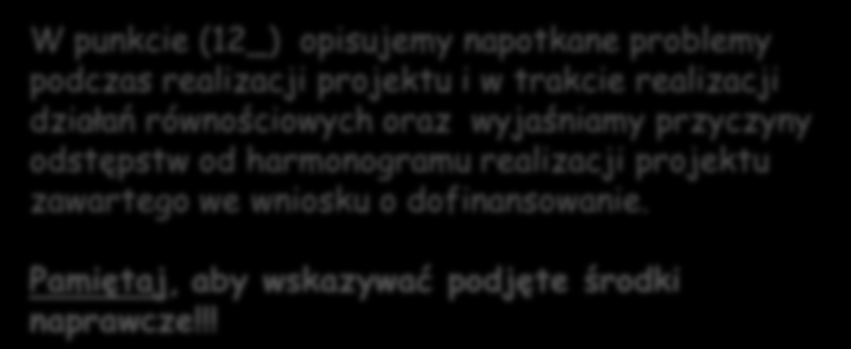 W punkcie (12_) opisujemy napotkane problemy podczas realizacji projektu i w trakcie realizacji działań równościowych oraz wyjaśniamy