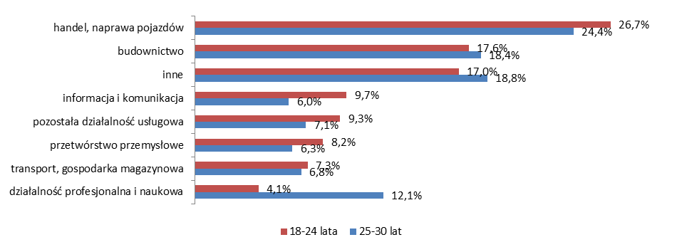 Dominującym obszarem działalności nierolniczej osób młodych, niezależnie od grup wieku, jest handel i naprawa pojazdów, w dalszej kolejności budownictwo oraz informacja i komunikacja.