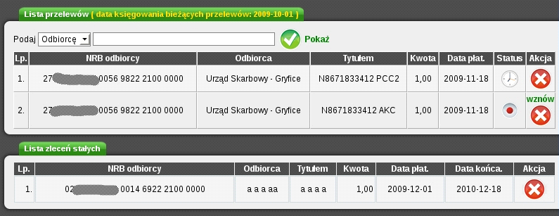 Przelew Standardowy może byd jednorazowy. Po wypełnieniu pól pojawia się ekran z danymi do przelewu z możliwością potwierdzenia lub cofnięcia.